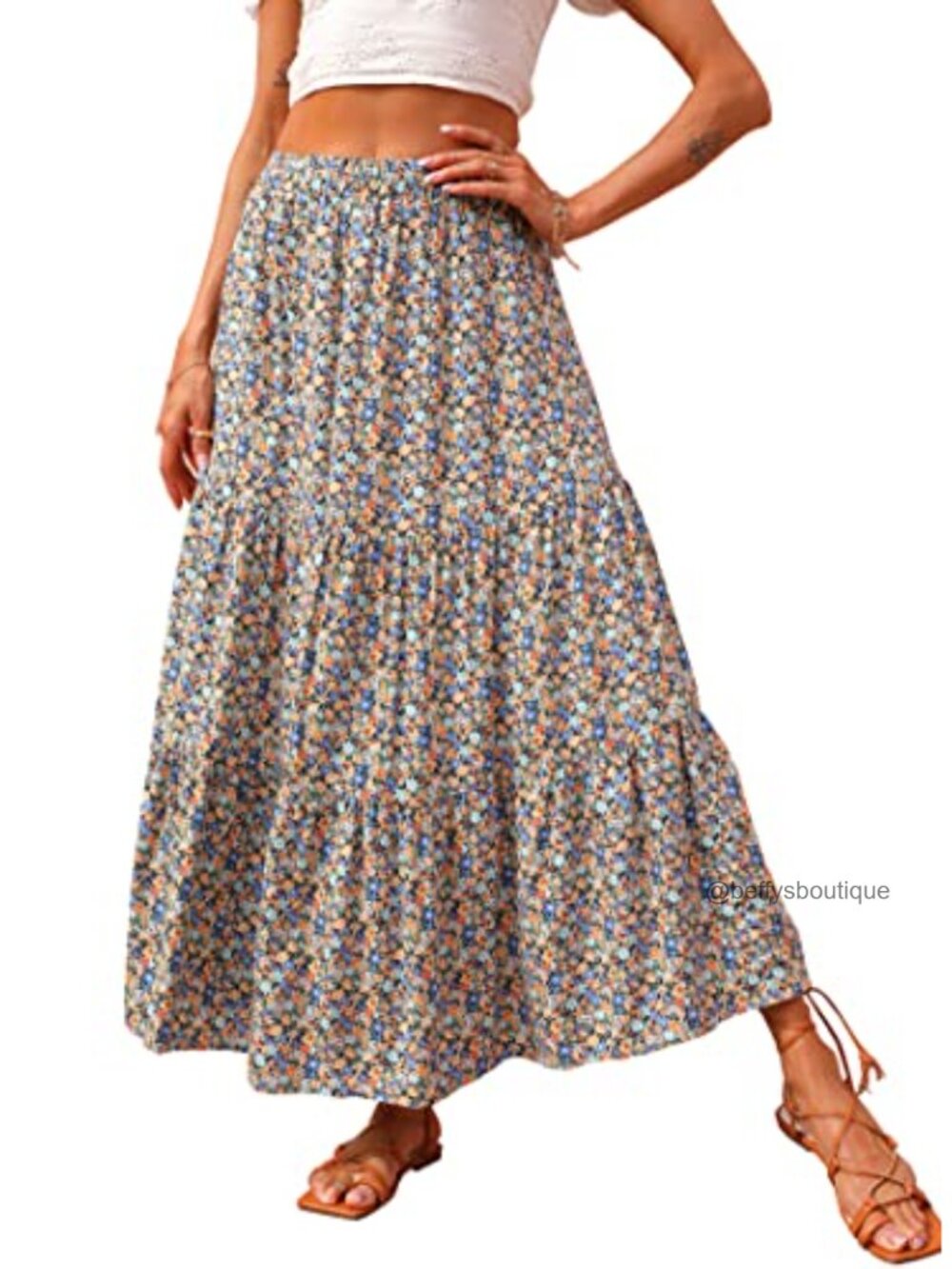 Boho Floral Maxi Skirt Women High Waist A-Line Flowy Long Skirt